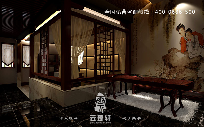 帶有女子畫(huà)像的古箏房間背景墻