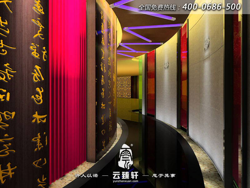 KTV二樓走道裝修設(shè)計(jì)的相對活躍,色彩鮮明