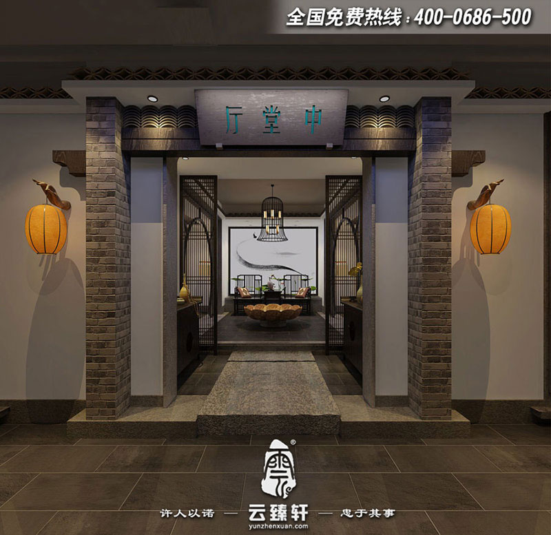 高端茶會所包間古樸門頭設(shè)計效果圖