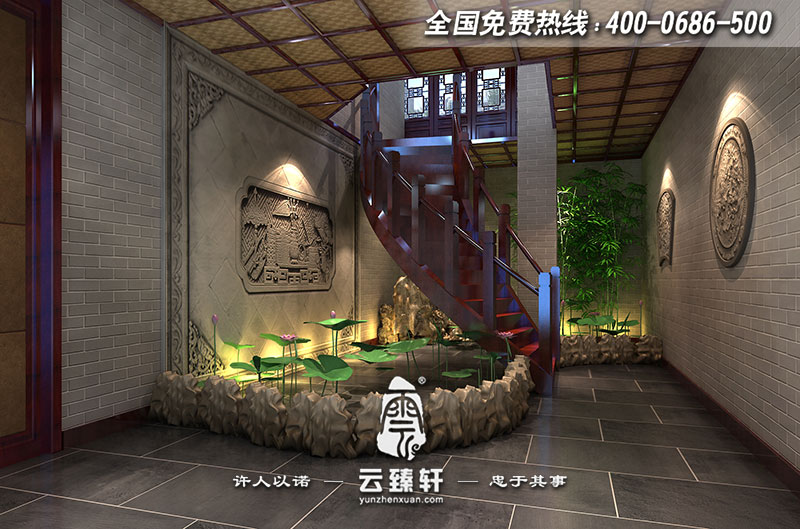 中式會所旋轉(zhuǎn)木制樓梯設(shè)計效果圖